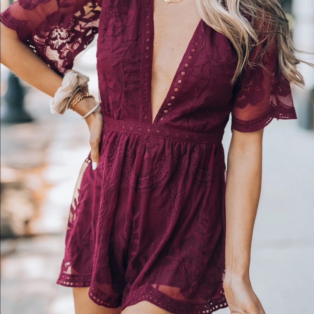 Elegant Burgundy Crochet Lace Romper - Picture 4 of 7